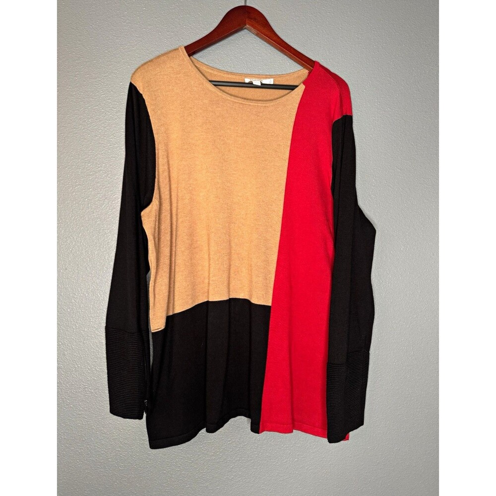 Chico's Colorblock Tunic Sweater XXL 20 22 Black Red Beige Zip Cuffs